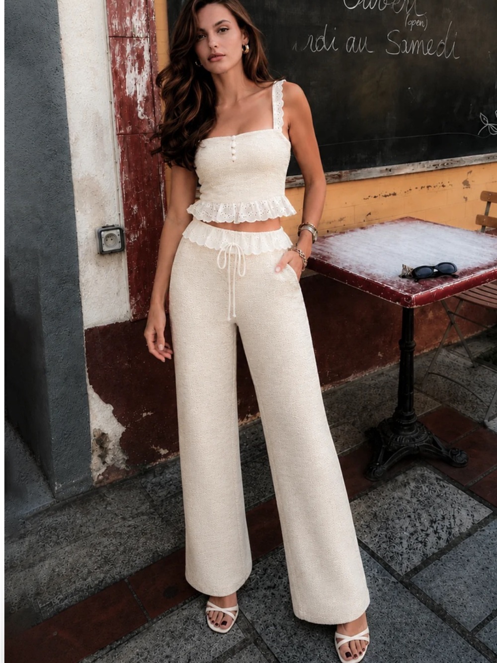 Commense Lace-Trim Knit Crop Top & Wide-Leg Pants Set - Cream Small